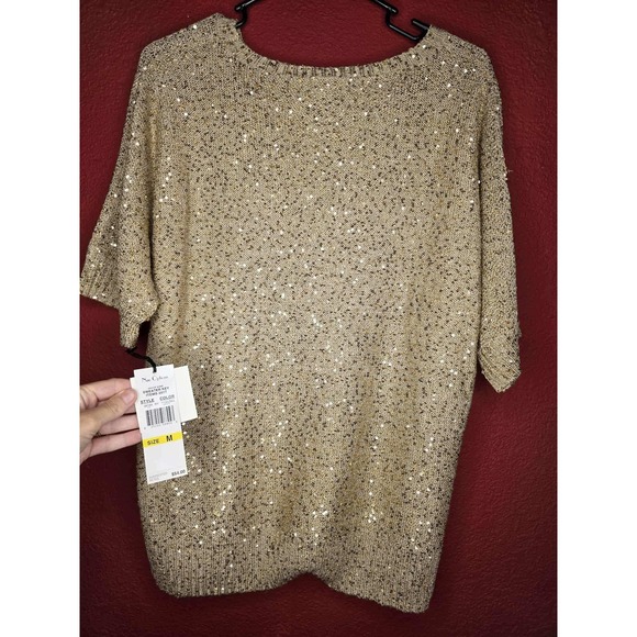 Nue options Women's Sequin Sparkle Knit Top Short Sleeve Beige Gold Party M - Picture 1 of 2